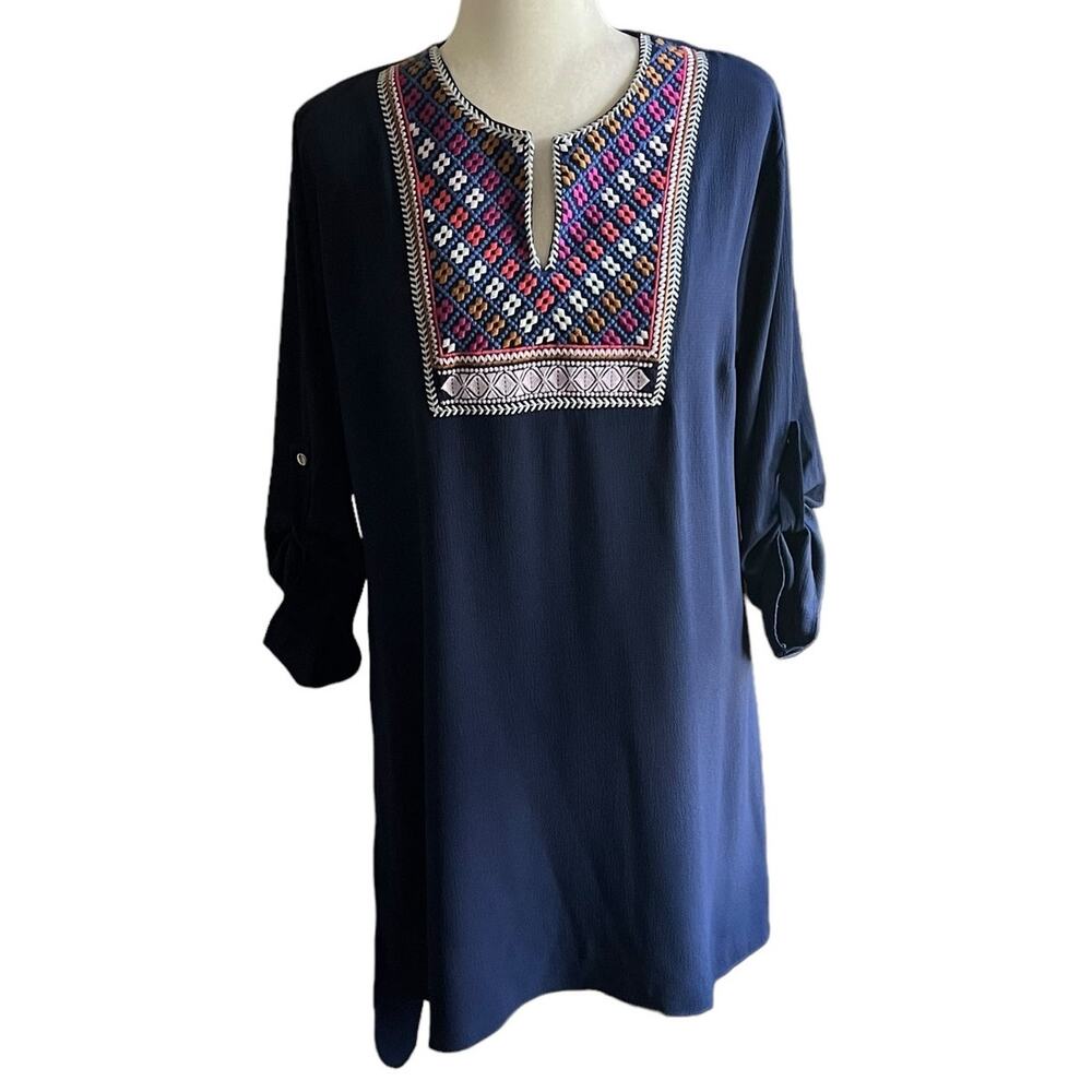 Berne Navy Embroidered Tunic Dress Hi-Low Modest Size L